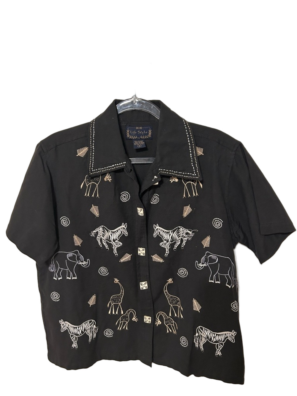 🐕‍🦺Life Style Black Embroidered Safari Short-Sleeve Shirt size M GUC